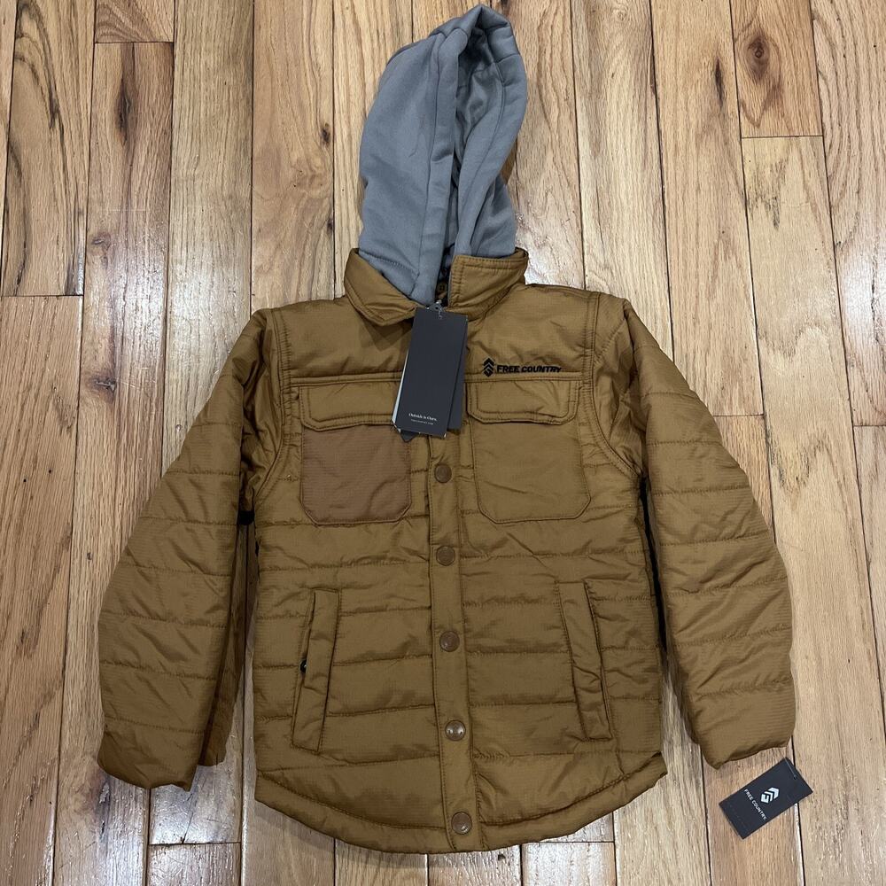 Free Country Boys Puffer Jacket 5/6 Hooded Brown Faux Fur NWT Button Snap